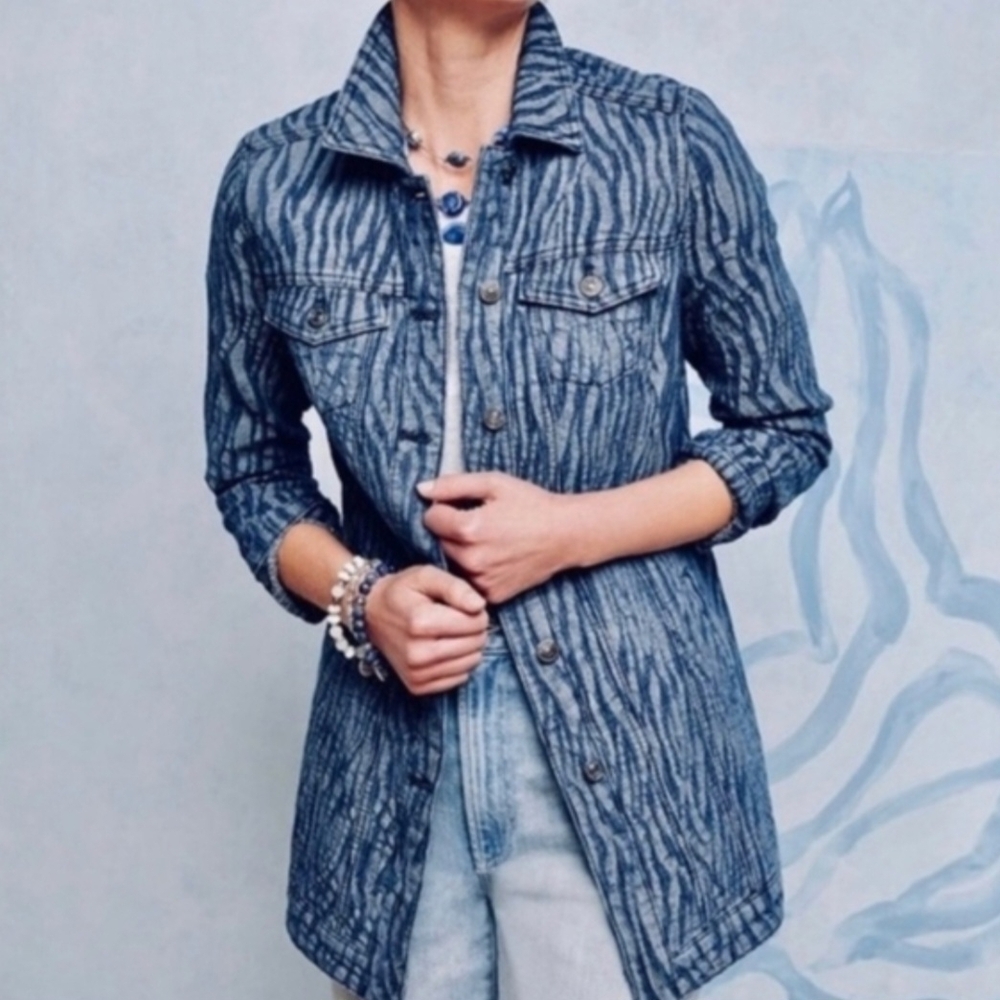 Chico's Blue Zebra Striped Denim Jacket